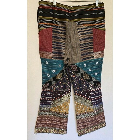 Womens Bohemian Patchwork Pants India Drawstring Waist Beaded - Picture 4 of 6